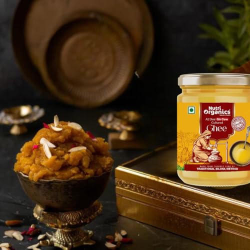 Nutri Organics Pure Desi A2 Cow Ghee 1 Litre | Bilona Curd Churned | Grass Fed Gir Cows | Glass Jar | Pure Aroma, Natural & Healthy Danedar Ghee| Lab Tested