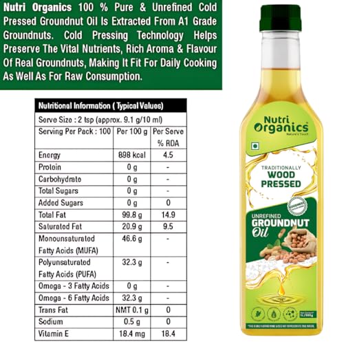 Nutri Organics Cold Pressed Groundnut (Peanut) Oil, 1L | Pure & Unrefined | Kolhu/Kacchi Ghani/Chekku/Ganuga | Natural & Chemical-Free | Rich Aroma & Flavor | Cooking Oil