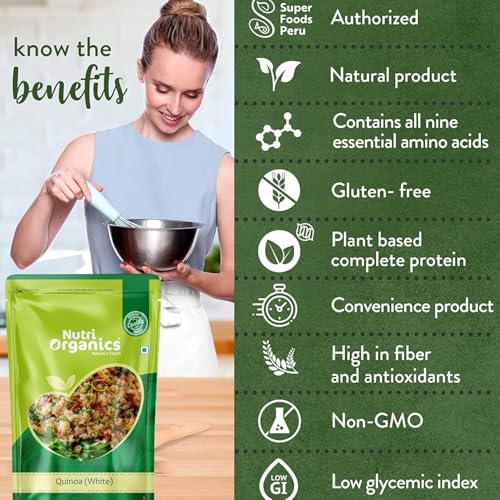 Nutri Organics Quinoa 2kg - Gluten Free Breakfast | High Protein and Fibre | Quinoa Seeds | 100% Wholegrain Cereal | Quinoa Seeds | Diet food for Weight Management