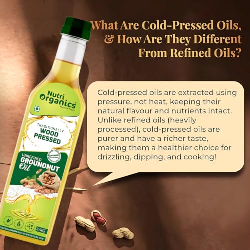 Nutri Organics Cold Pressed Groundnut (Peanut) Oil, 1L | Pure & Unrefined | Kolhu/Kacchi Ghani/Chekku/Ganuga | Natural & Chemical-Free | Rich Aroma & Flavor | Cooking Oil