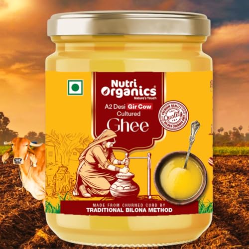 Nutri Organics Pure Desi A2 Cow Ghee 1 Litre | Bilona Curd Churned | Grass Fed Gir Cows | Glass Jar | Pure Aroma, Natural & Healthy Danedar Ghee| Lab Tested