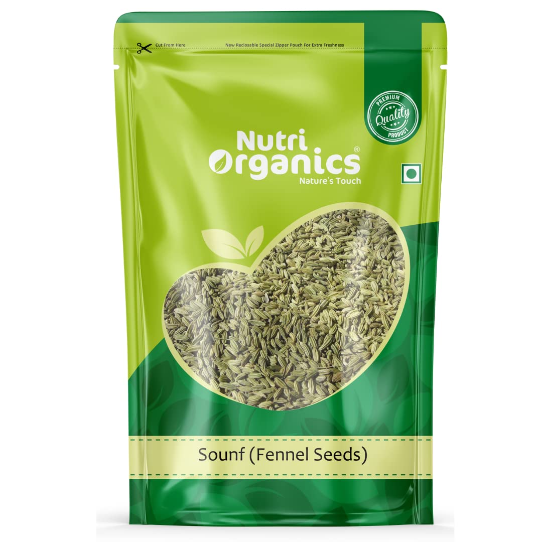 Nutri Organics Whole Natural Fennel Seeds Saunf Indian Traditional Masale - Resealable Ziplock Pouch (200g)
