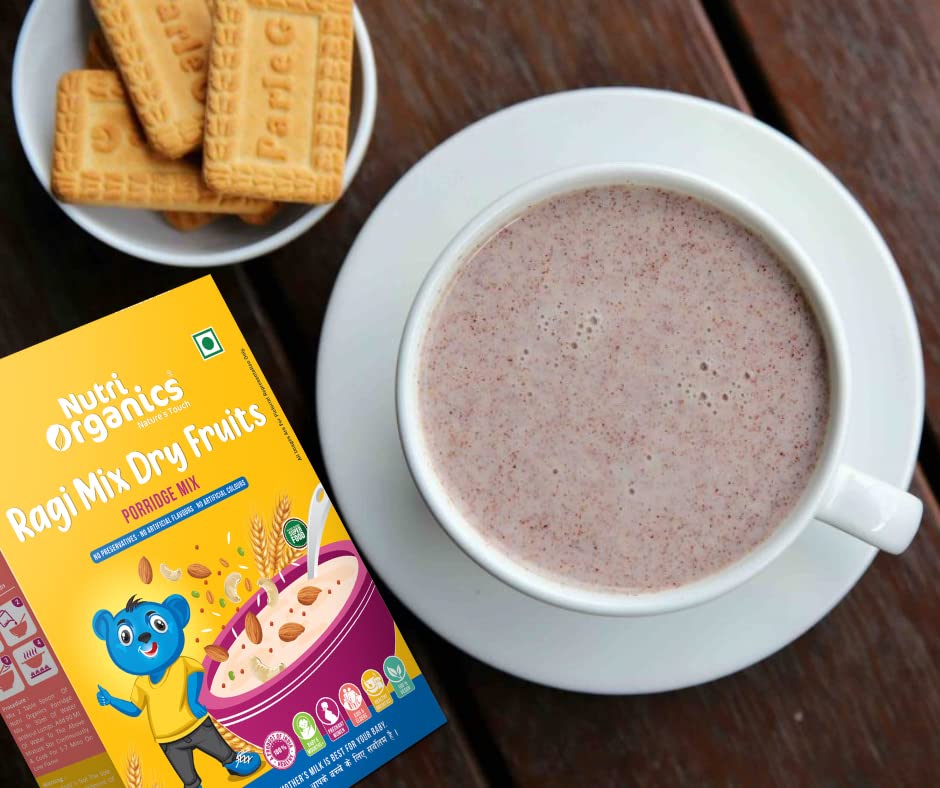 Nutri Organics Healthy Snacks Breakfast Cereals Ragi Malt Porridge Mix - Ragi Mix Dry Fruits| No Preservatives, No Artificial Flavors, No Colors | Ready to Cook Powder 200 gm