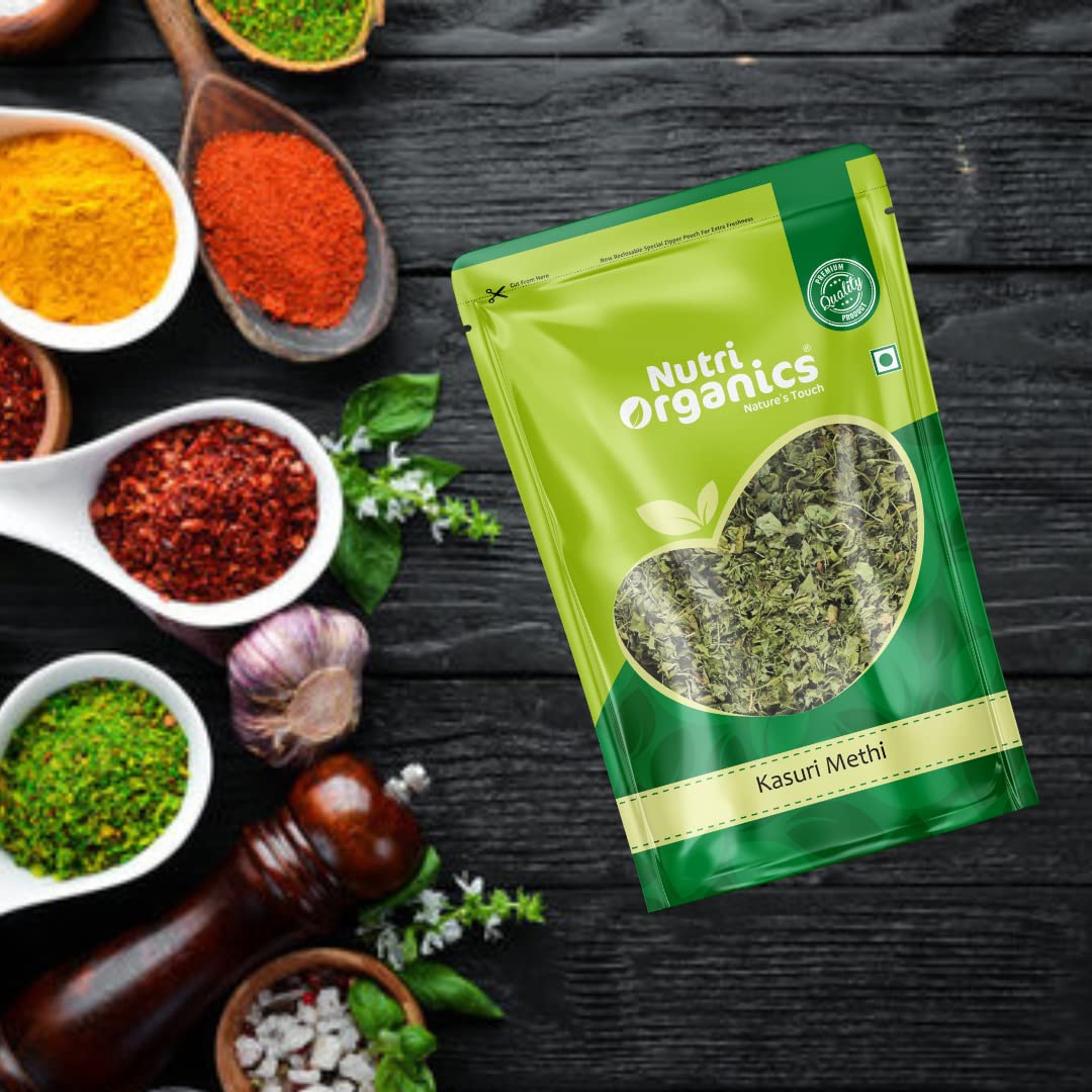 Nutri Organics Spices Naturally Dried Kasuri Methi, Indian Traditional Masale Kasoori Methi Leaves - Resealable Ziplock Pouch (200g)