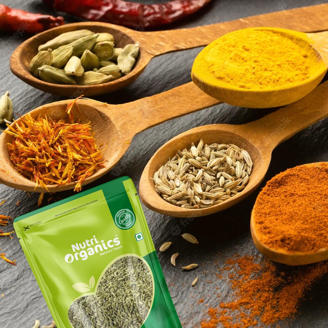 Nutri Organics Whole Natural Fennel Seeds Saunf Indian Traditional Masale - Resealable Ziplock Pouch (200g)