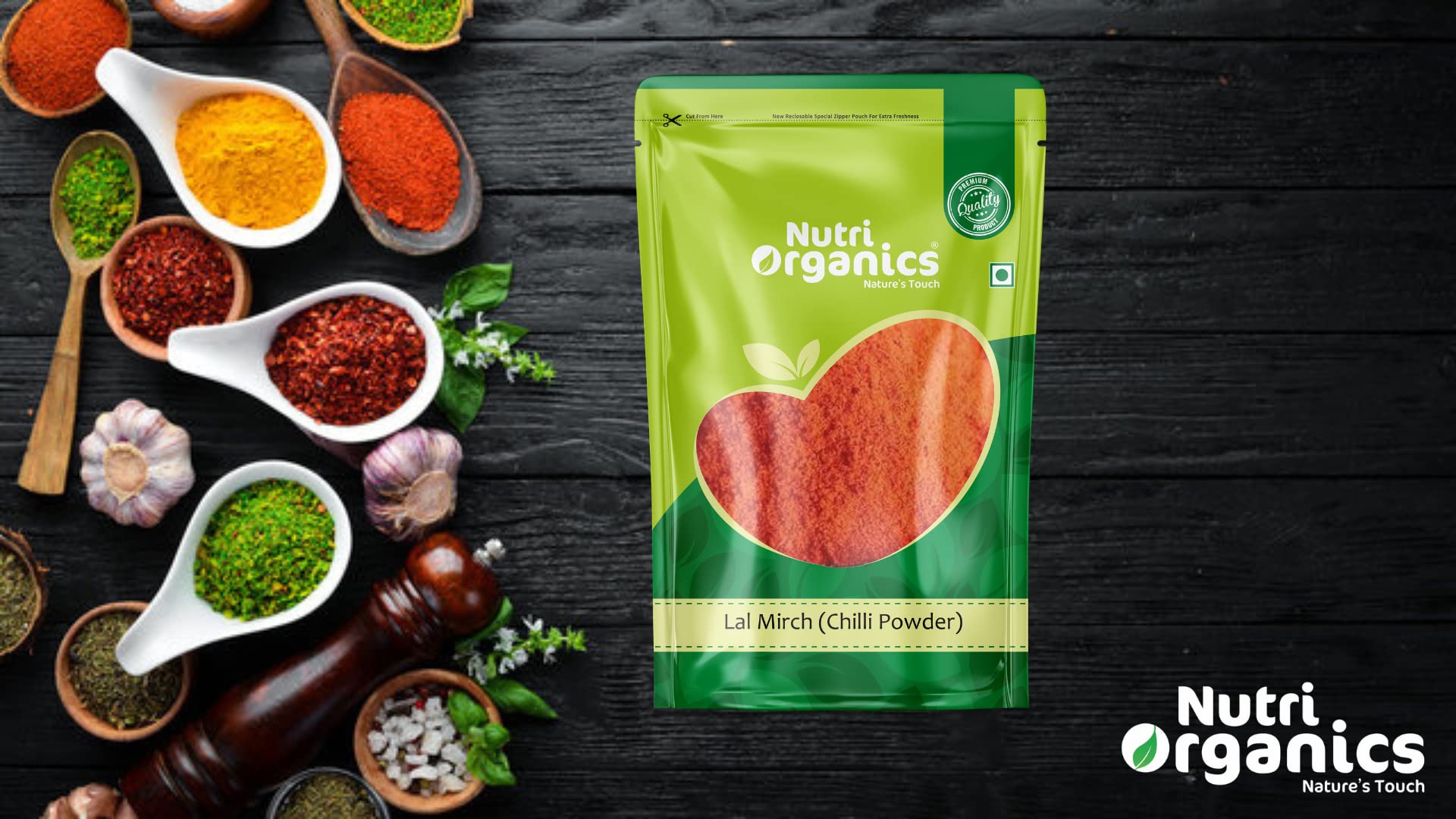 Nutri Organics Spices Lal Mirch Red Chilli Powder Indian Traditional Masale - Resealable Ziplock Pouch (100g)