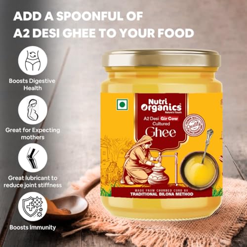Nutri Organics Pure Desi A2 Cow Ghee 1 Litre | Bilona Curd Churned | Grass Fed Gir Cows | Glass Jar | Pure Aroma, Natural & Healthy Danedar Ghee| Lab Tested