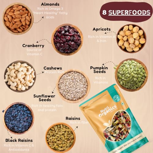 Nutri Organics 100% Natural Premium Mix Dry Fruits 200g with Almonds | Cashew | Kishmish | Apricot | Black Raisins | Cranberry | Pumpkin Seeds | Sunflower Seeds | Nuts and Dry Fruits