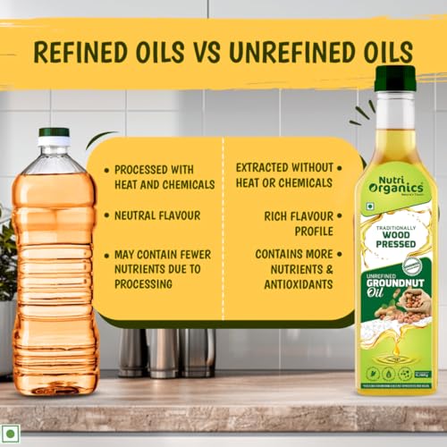 Nutri Organics Cold Pressed Groundnut (Peanut) Oil, 1L | Pure & Unrefined | Kolhu/Kacchi Ghani/Chekku/Ganuga | Natural & Chemical-Free | Rich Aroma & Flavor | Cooking Oil