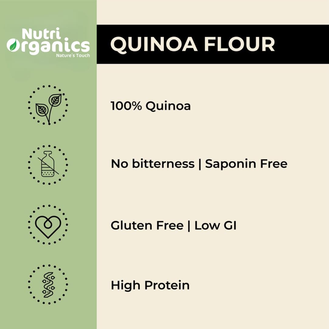 Nutri Organics Quinoa Flour - 1kg | Gluten Free Atta | Enriched with Dietary Fibre, Protein & Vitamins | Improves Gut Health | Superfood | Micro-nutrients | No Preservatives