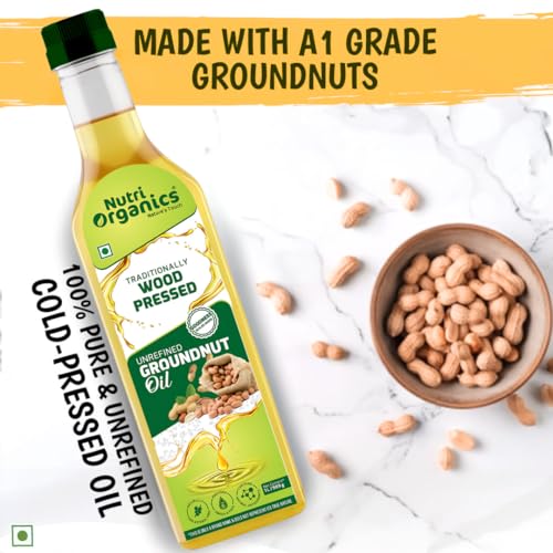 Nutri Organics Cold Pressed Groundnut (Peanut) Oil, 1L | Pure & Unrefined | Kolhu/Kacchi Ghani/Chekku/Ganuga | Natural & Chemical-Free | Rich Aroma & Flavor | Cooking Oil