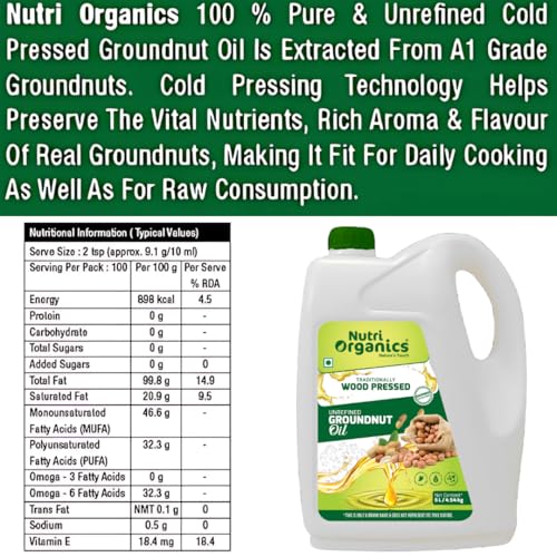Nutri Organics Cold Pressed Groundnut (Peanut) Oil, 5L | Pure & Unrefined | Kolhu/Kacchi Ghani/Chekku/Ganuga | Natural & Chemical-Free | Rich Aroma & Flavor | Cooking Oil