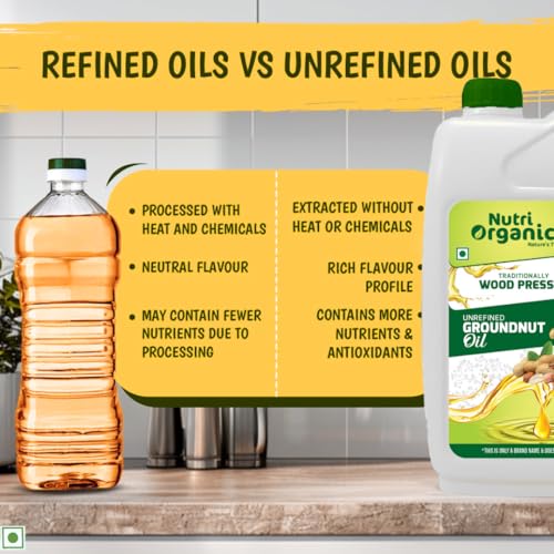 Nutri Organics Cold Pressed Groundnut (Peanut) Oil, 5L | Pure & Unrefined | Kolhu/Kacchi Ghani/Chekku/Ganuga | Natural & Chemical-Free | Rich Aroma & Flavor | Cooking Oil