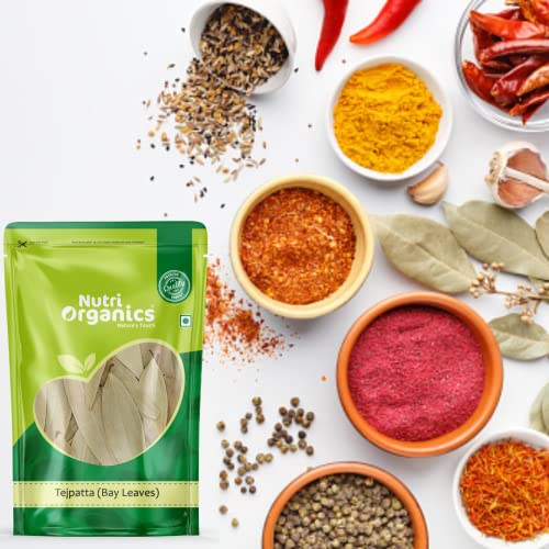Nutri Organics Spices Naturally Dried Tej Patta (Bay Leaves) Traditional Indian Masale - Resealable Ziplock Pouch (200g)