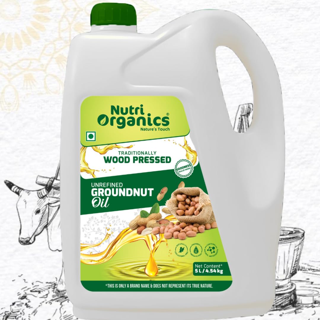 Nutri Organics Cold Pressed Groundnut (Peanut) Oil, 5L | Pure & Unrefined | Kolhu/Kacchi Ghani/Chekku/Ganuga | Natural & Chemical-Free | Rich Aroma & Flavor | Cooking Oil