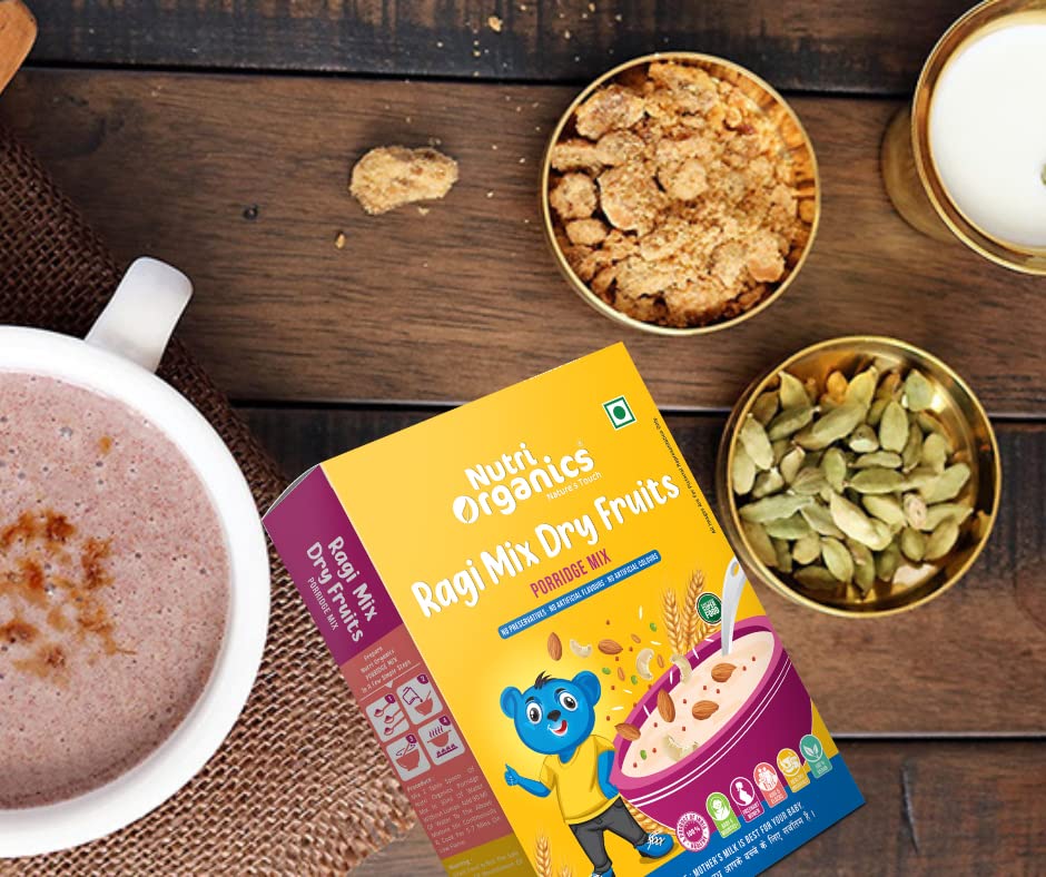 Nutri Organics Healthy Snacks Breakfast Cereals Ragi Malt Porridge Mix - Ragi Mix Dry Fruits| No Preservatives, No Artificial Flavors, No Colors | Ready to Cook Powder 200 gm