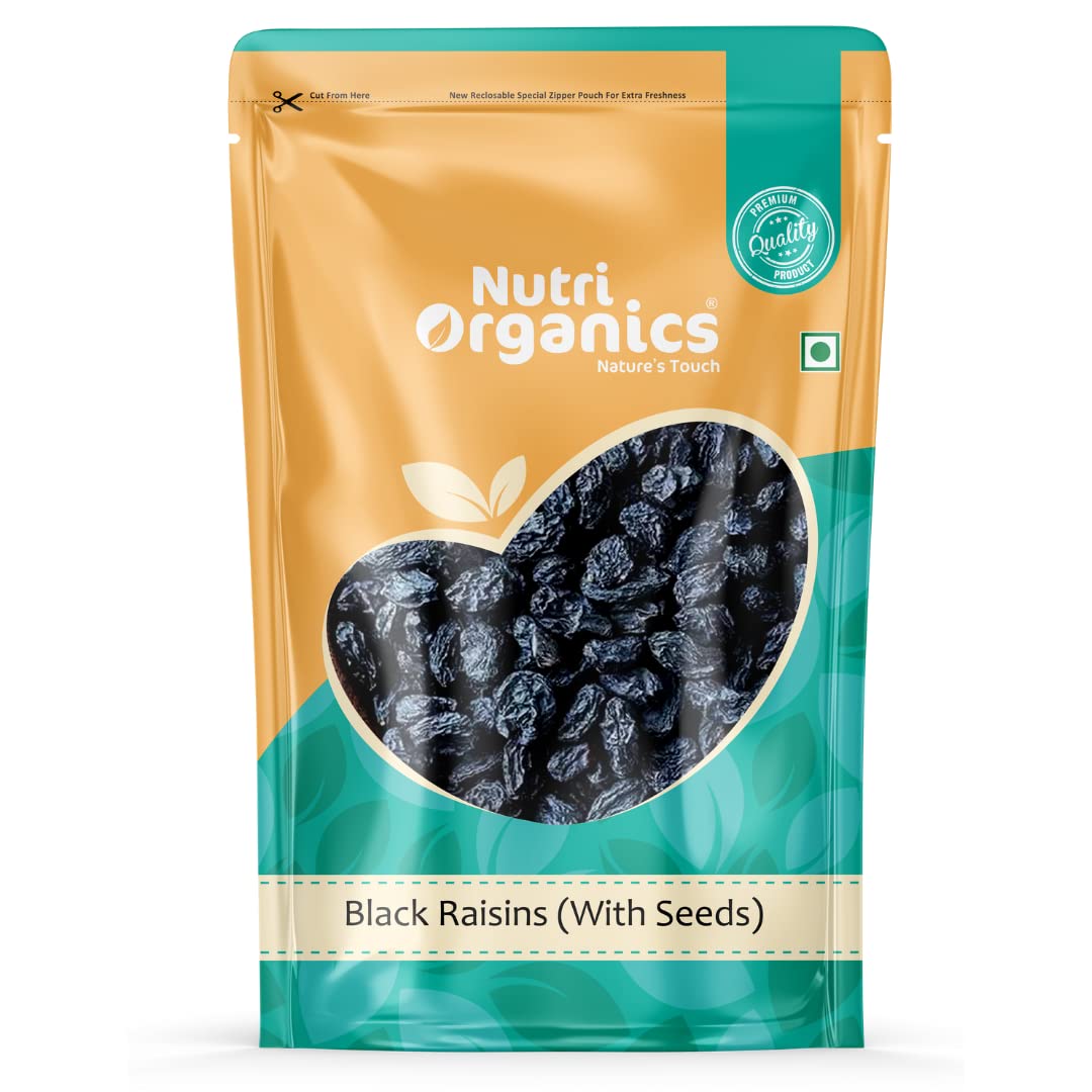 Nutri Organics Dry Fruits Black Raisins With Seeds For More Benefits 500 gram - Kala Manuka Kali Draksh - Ziplock Pouch
