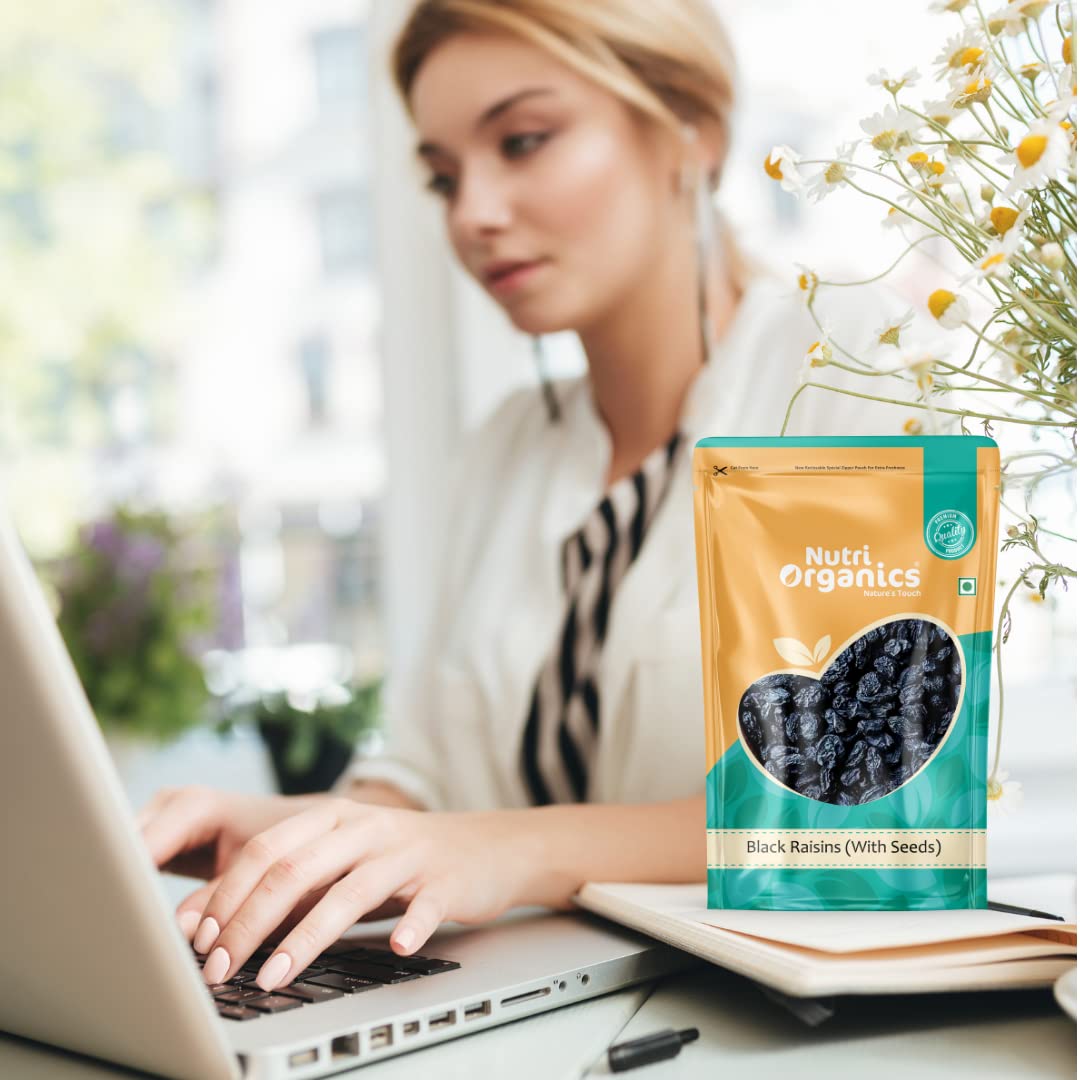 Nutri Organics Dry Fruits Black Raisins With Seeds For More Benefits 500 gram - Kala Manuka Kali Draksh - Ziplock Pouch