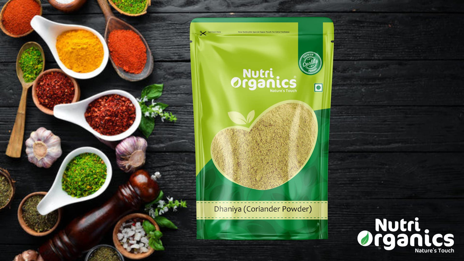 Nutri Organics Spices Coriander Dhaniya Powder Indian Traditional Masale - Resealable Ziplock Pouch (50g)