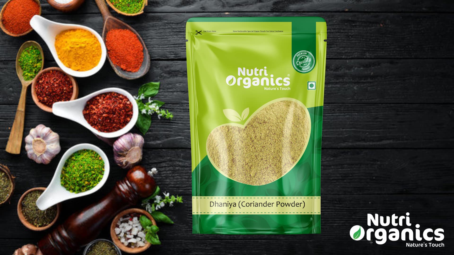 Nutri Organics Spices Coriander Dhaniya Powder Indian Traditional Masale - Resealable Ziplock Pouch (50g)