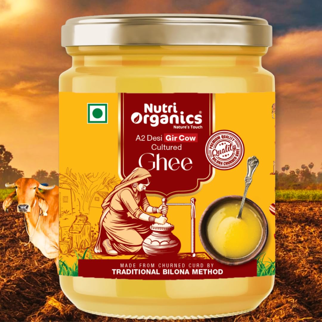 Nutri Organics Pure Desi A2 Cow Ghee 500ml | Bilona Curd Churned | Grass Fed Gir Cows | Glass Jar | Pure Aroma, Natural & Healthy Danedar Ghee| Lab Tested