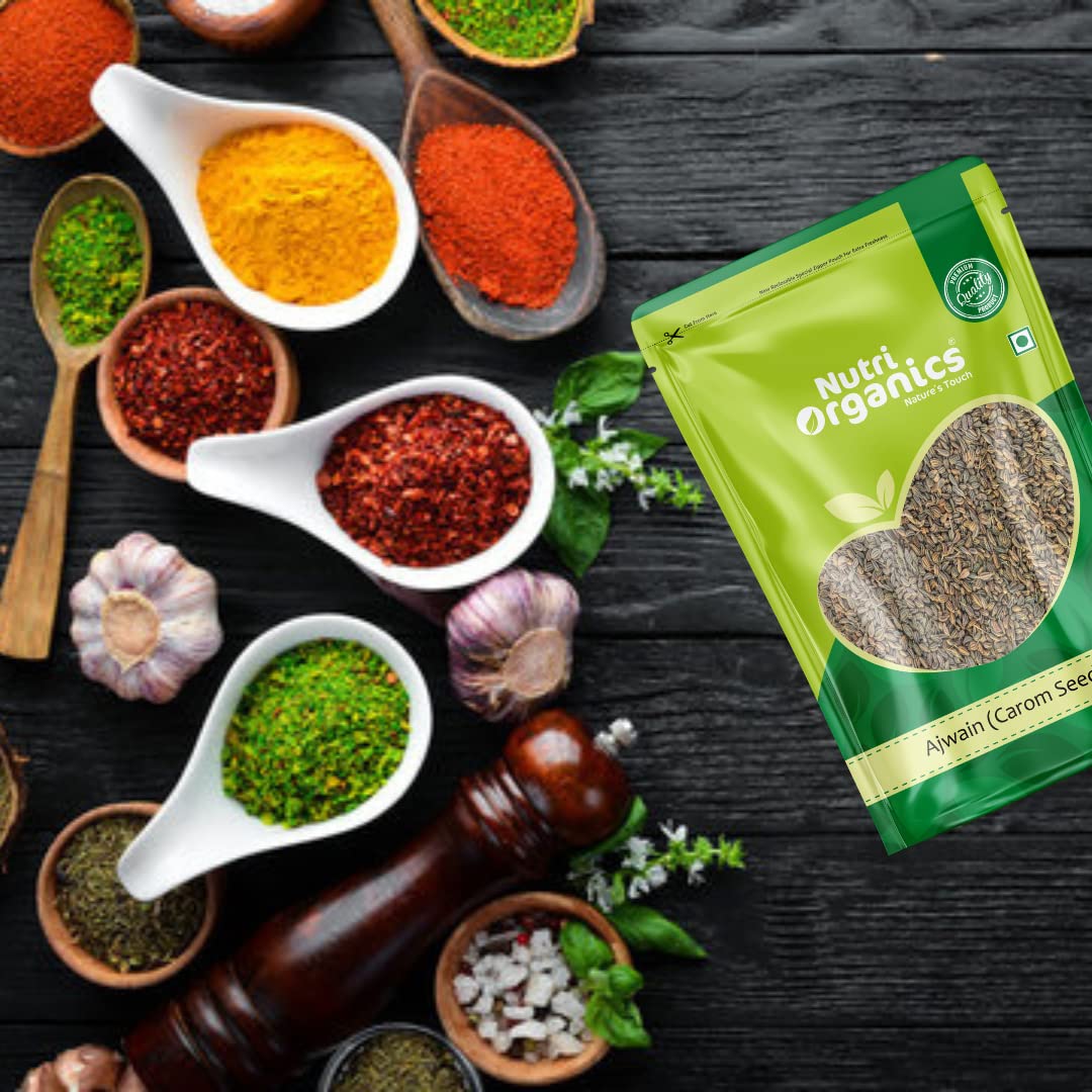 Nutri Organics Spices Whole Ajwain Carom Seeds Indian Traditional Masale - Resealable Ziplock Pouch (500g)
