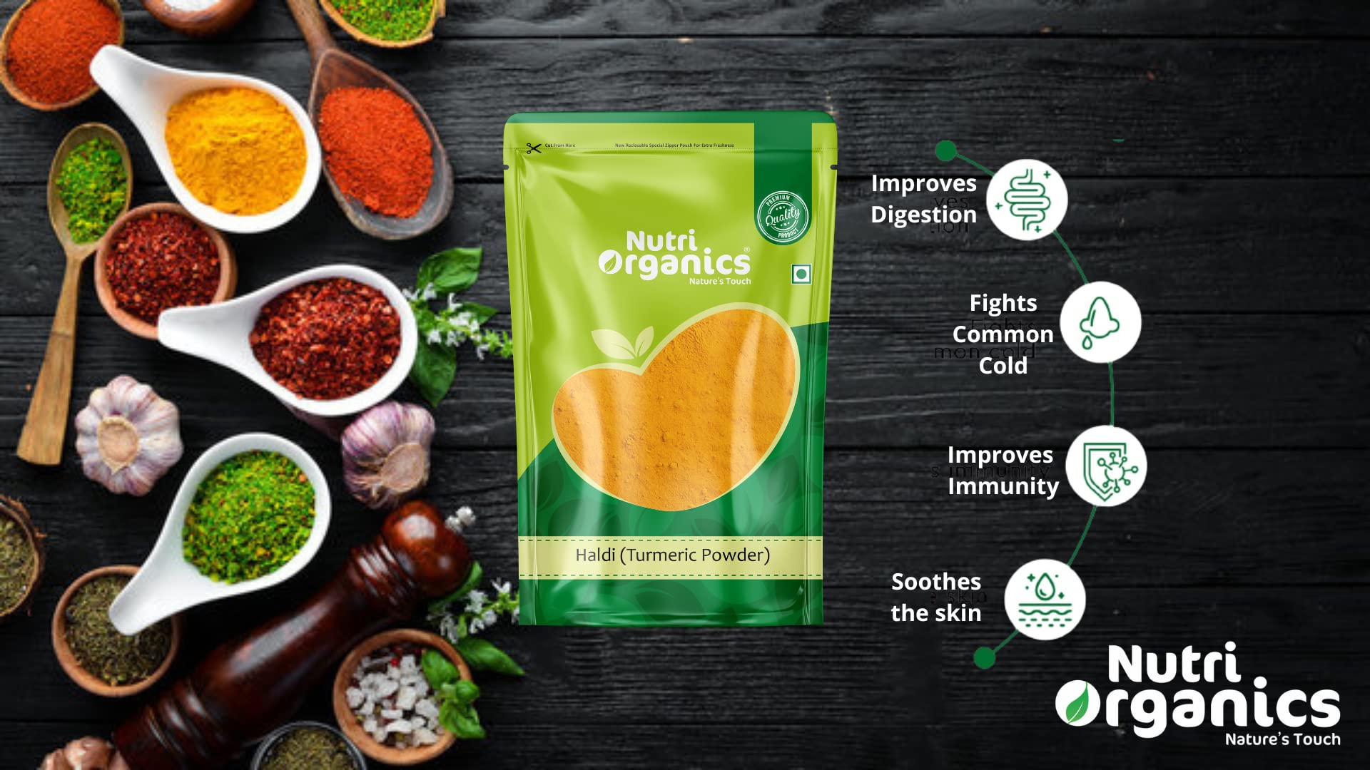 Nutri Organics Spices Premium Haldi Turmeric Powder Indian Traditional Masale - Resealable Ziplock Pouch (50g)