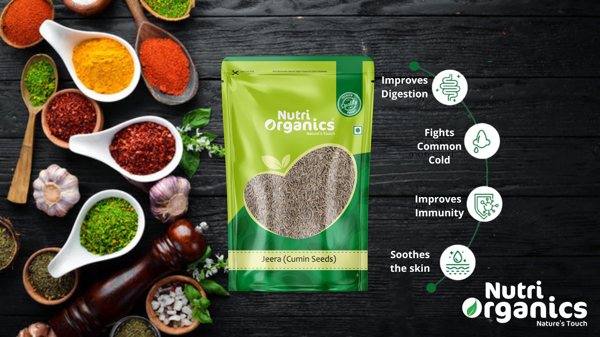 NutriOrganics Premium Whole Spices Cumin Seeds - 200gm | Jeera Whole | Jira | Resealable Ziplock Pouch