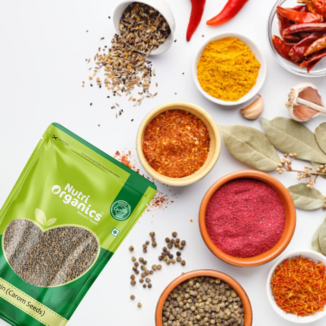 Nutri Organics Spices Whole Ajwain Carom Seeds Indian Traditional Masale - Resealable Ziplock Pouch (500g)
