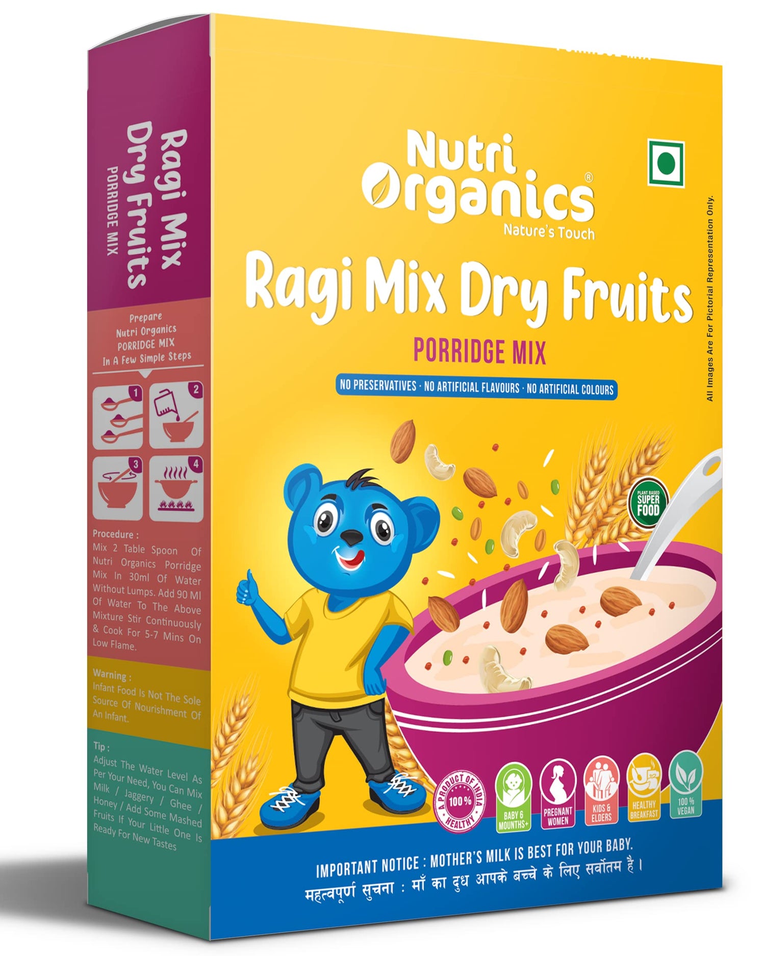 Nutri Organics Healthy Snacks Breakfast Cereals Ragi Malt Porridge Mix - Ragi Mix Dry Fruits| No Preservatives, No Artificial Flavors, No Colors | Ready to Cook Powder 200 gm