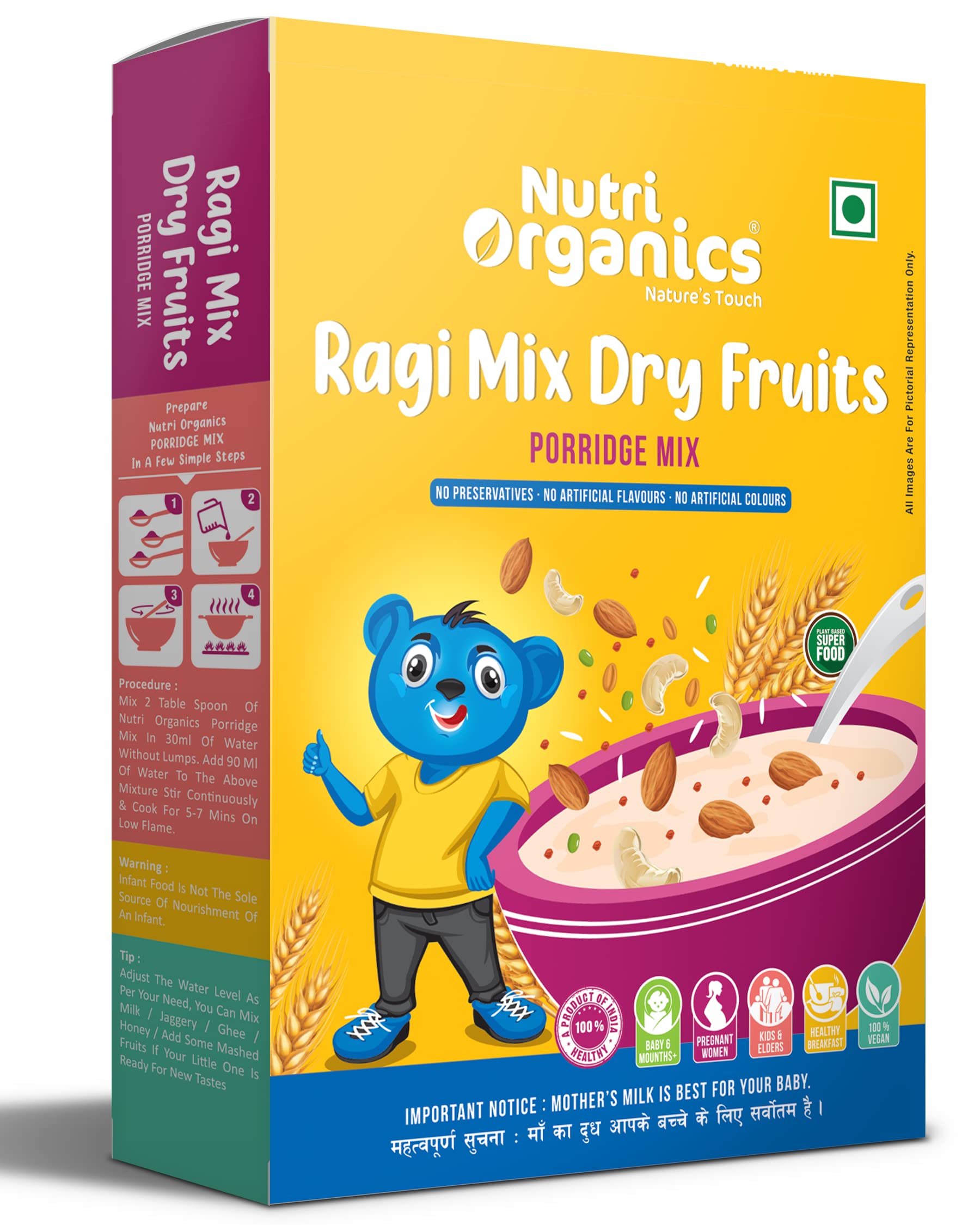 Nutri Organics Healthy Snacks Breakfast Cereals Ragi Malt Porridge Mix - Ragi Mix Dry Fruits| No Preservatives, No Artificial Flavors, No Colors | Ready to Cook Powder 200 gm
