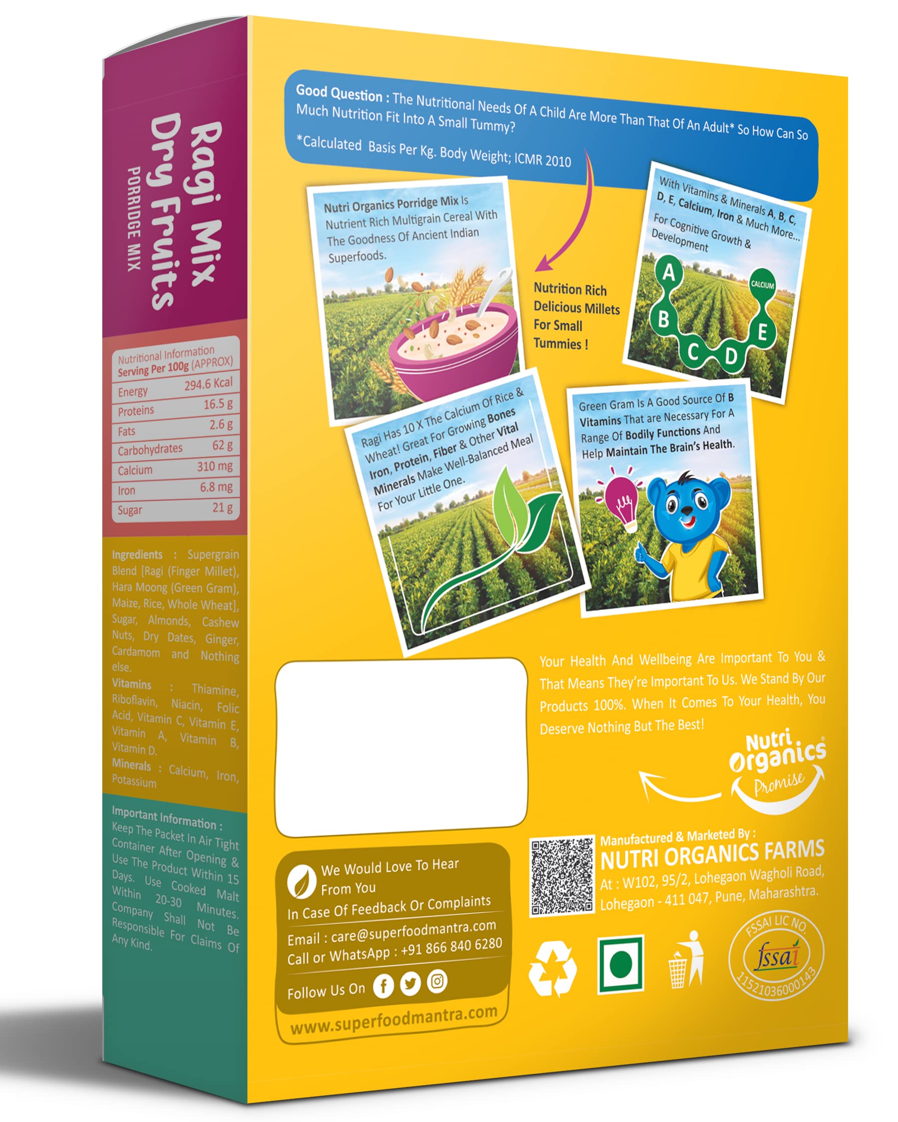 Nutri Organics Healthy Snacks Breakfast Cereals Ragi Malt Porridge Mix - Ragi Mix Dry Fruits| No Preservatives, No Artificial Flavors, No Colors | Ready to Cook Powder 200 gm